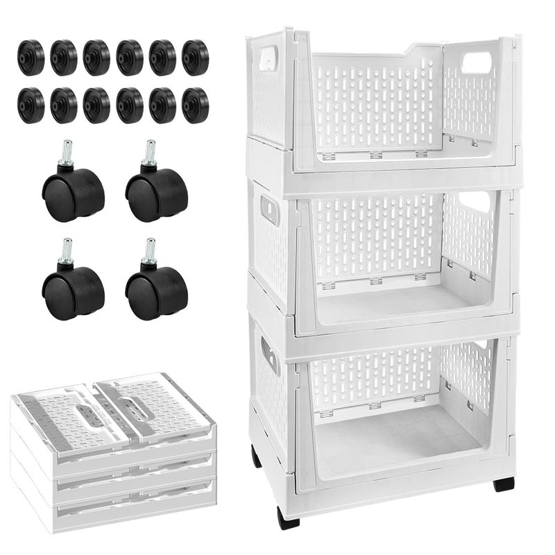 BUZIFU Stackable Plastic Storage Basket, 3 Pack Foldable Closet Organizers and Storage Bins with Wheels, Collapsible Drawer Shelf Storage Box Container for Office Bedroom Closet Wardrobe Kitchen Bathroom - Image 1