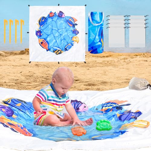 Fantang 6.5 X 6.5 Ft Baby Beach Pool, 2 in 1 Portable Kids Beach Play Pool Puddle Toddler Beach Blanket and Kiddie Pools Blue Cartoon Childs Sand Pit Paddling Pools with Water Bag for Boy Girl Outdoor Camping - Image 1