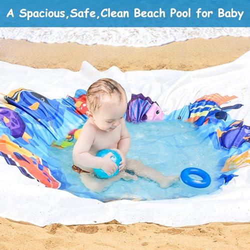 Fantang 6.5 X 6.5 Ft Baby Beach Pool, 2 in 1 Portable Kids Beach Play Pool Puddle Toddler Beach Blanket and Kiddie Pools Blue Cartoon Childs Sand Pit Paddling Pools with Water Bag for Boy Girl Outdoor Camping - Image 5