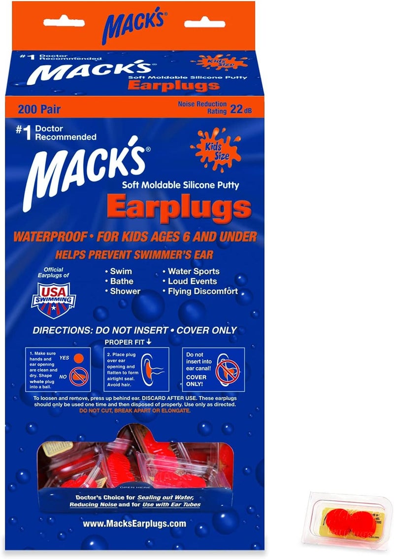 Mack's Mack’s® Soft Moldable Silicone Putty Earplugs - Kids Size, 200 Pair Dispenser – Comfortable Small Ear Plugs for Swimming, Bathing, Travel, Loud Events and Flying - Image 1