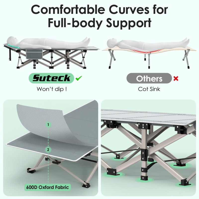Suteck Camping Cot, Folding Camping Cot Bed for Adults Sleeping 1200D Double Layer Oxford Portable Folding Outdoor Cots for Camping W/Soft Pad Carry Bag for Home Office Nap Beach Travel, 500LBS,Grey - Image 4