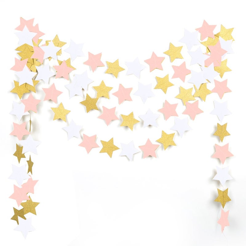 MOWO Paper Garland Twinkle Star Pink Gold Glitter and White 3'' Circle Decoration 2pc 20 feet in Total - Image 1