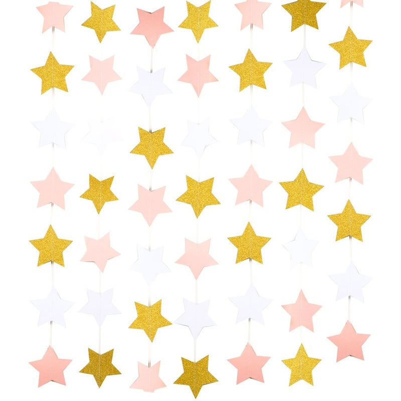 MOWO Paper Garland Twinkle Star Pink Gold Glitter and White 3'' Circle Decoration 2pc 20 feet in Total - Image 2
