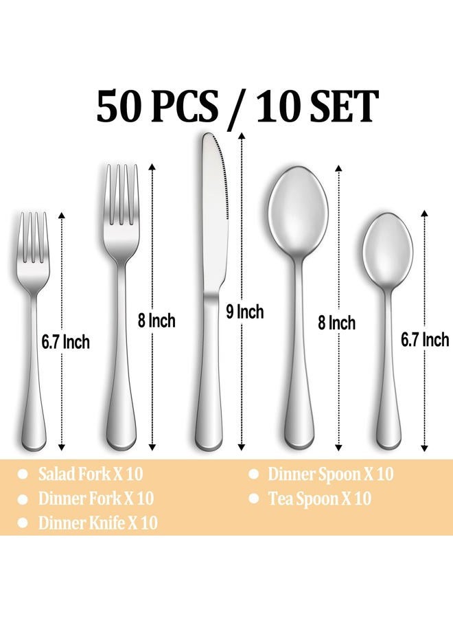 MUTNITT 50 Piece Silverware Set Service for 10,Premium Stainless Steel Flatware Set,Mirror Polished Cutlery Utensil Set,Durable Home Kitchen Eating Tableware Set,Include Fork Knife Spoon Set,Dishwasher - Image 2