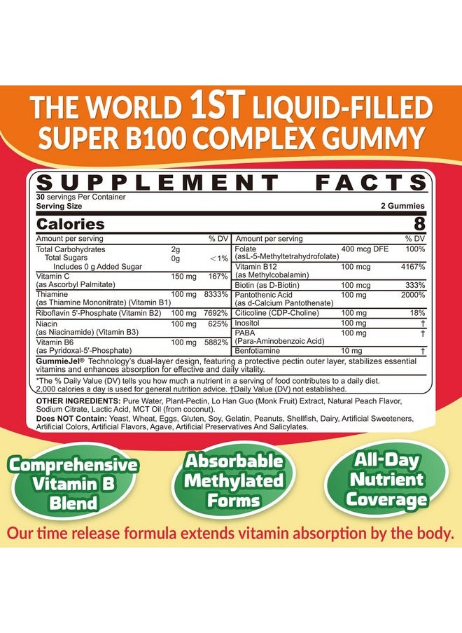 NEVISS - Super Vitamin B Complex Gummies - All B Vitamins Including Methyl B12, B1, B2, B3, B5, B6, Biotin, Methylfolate with Vitamin C, Choline, Inositol, PABA for Energy, Brain & Immune Support, Sugar Free - Image 1