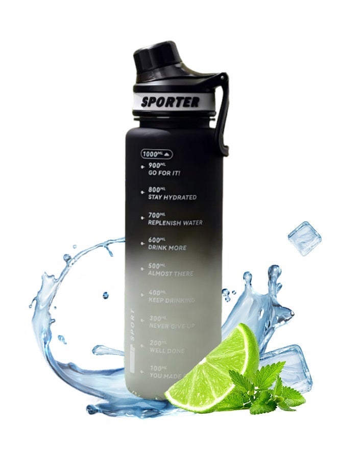 سبورتر زجاجة ماء رياضية بمؤشر للوقت خالية من مادة BPA ومضادة للتسرب، قابلة للحمل وإعادة الاستخدام، إبريق شرب للياقة البدنية والرياضة بسعة 1 لتر للرجال والنساء والأطفال والطلاب للتخييم والمكتب والمدرسة وصالة الألعاب الرياضية والتمارين الرياضية 1000 مل - Image 1