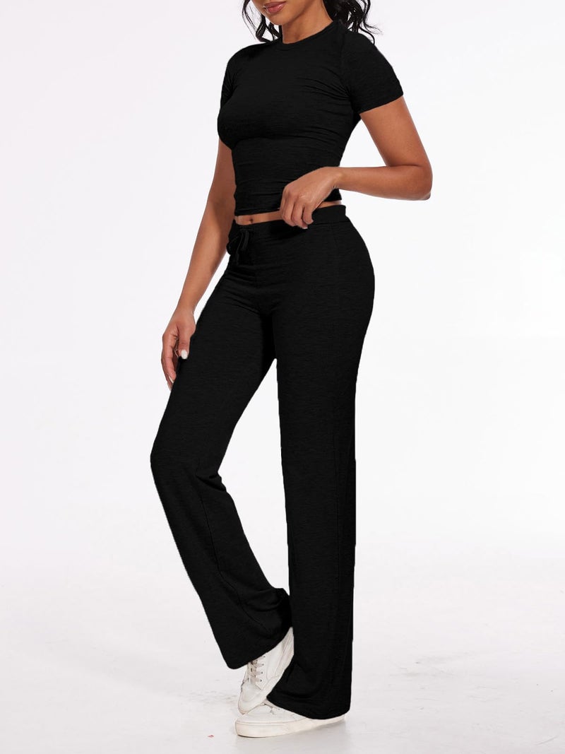 AnotherChill Women's 2 Piece Lounge Sets Straight Leg Pants Set Short Sleeve Crop T-shirt Casual Outfits Comfy Loungewear (Black, Small) - Image 4