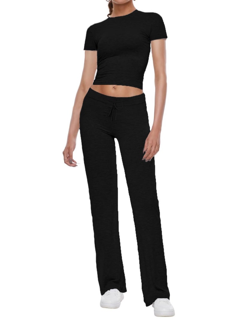 AnotherChill Women's 2 Piece Lounge Sets Straight Leg Pants Set Short Sleeve Crop T-shirt Casual Outfits Comfy Loungewear (Black, Small) - Image 1