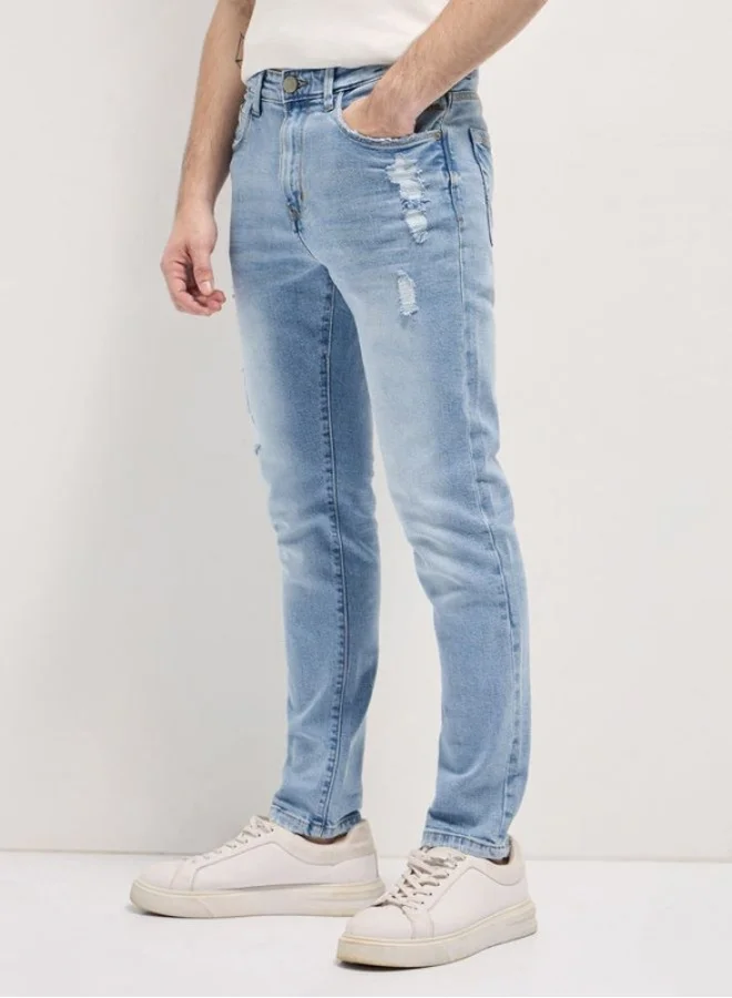 The Bear House  Men's Light Blue with Light Fade Distressed Mid-Rise Slim Fit Jeans Classic Comfort With Modern Style, Perfect For Everyday Casual Looks And Effortless Streetwear Vibes for Men | Best Price UAE
