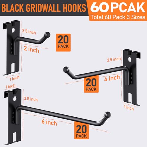 INCLY 2/4/6 Inch Gridwall Hooks, 60 Pack Heavy Duty Black Display Hooks for Grid Wall Panels, Grid Wall Accessory for Storage Display Clothes in Retail Shop Garage - Image 4