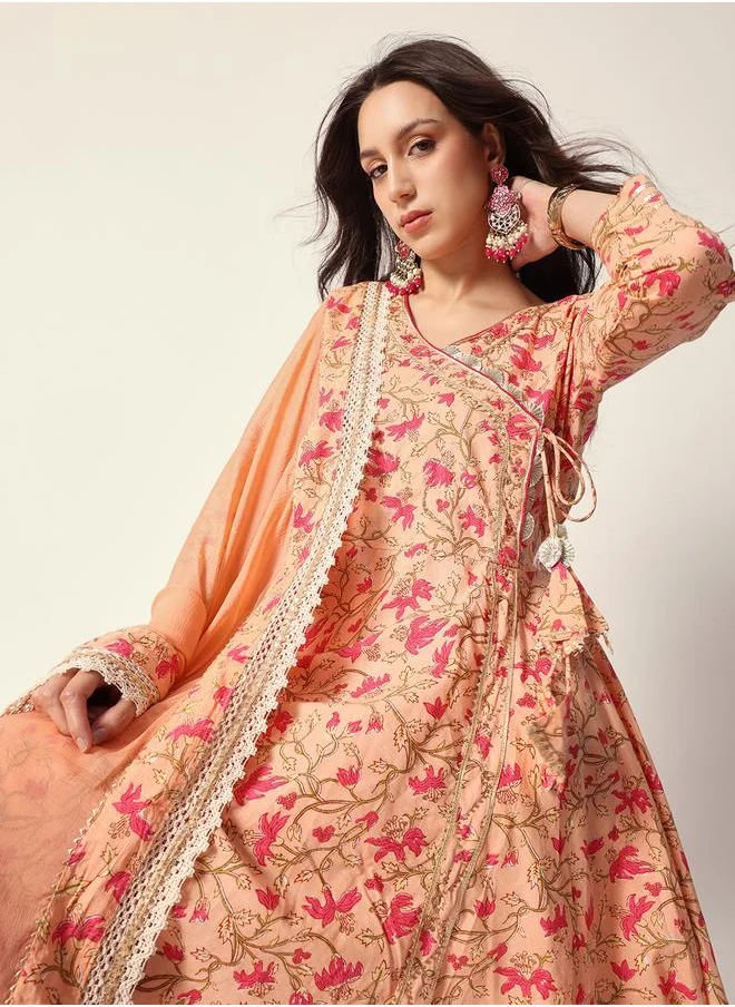 آي شين Women's Peach Cotton Textured Tunic Full Palazzo Regular Fit Kurta Set