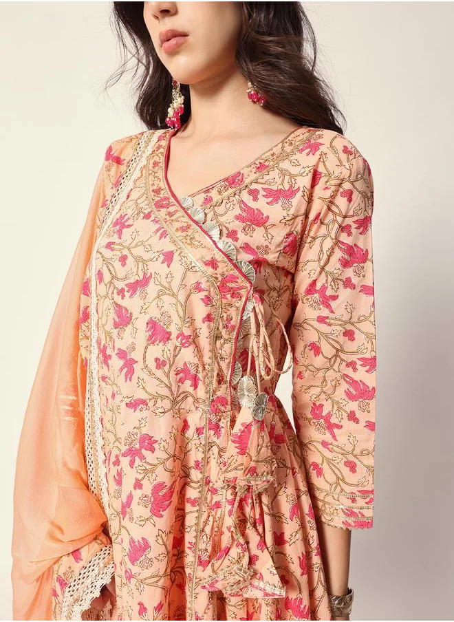 آي شين Women's Peach Cotton Textured Tunic Full Palazzo Regular Fit Kurta Set