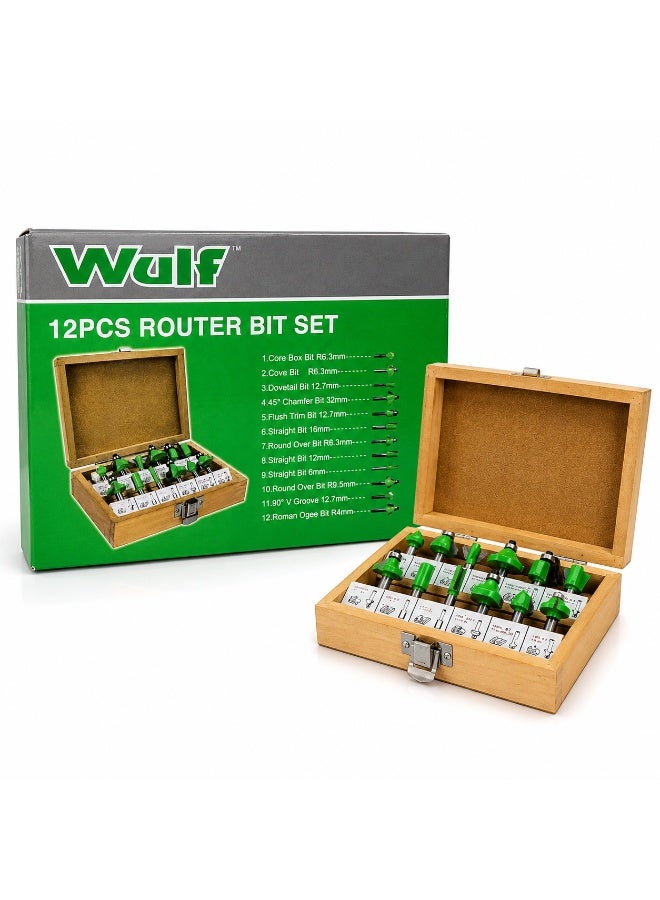 Wulf 12PCS Router Bit Set with Wooden Storage Case, Tungsten Carbide Wood Router Cutter Kit for Woodworking, Trimming, Grooving, Edge Forming & Carpentry Projects - Image 1