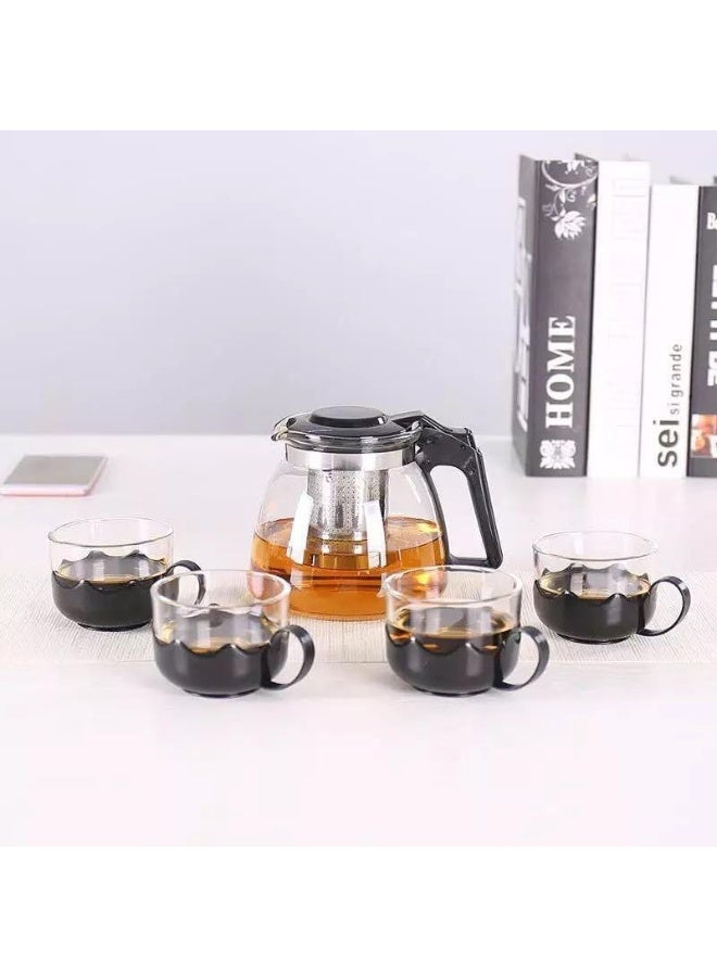 Generic Glass Teapot Set with Stainless Steel Infuser & 4 Cups – Heat-Resistant Kettle with Comfortable Handle, Removable Fine Mesh Filter – For Loose Leaf Tea, Herbal & Black Tea – Clear/Black – 5-Piece Set - Image 1