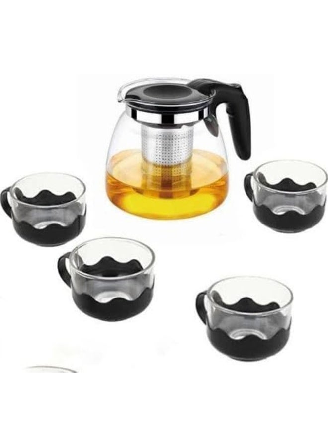 Generic Glass Teapot Set with Stainless Steel Infuser & 4 Cups – Heat-Resistant Kettle with Comfortable Handle, Removable Fine Mesh Filter – For Loose Leaf Tea, Herbal & Black Tea – Clear/Black – 5-Piece Set - Image 2