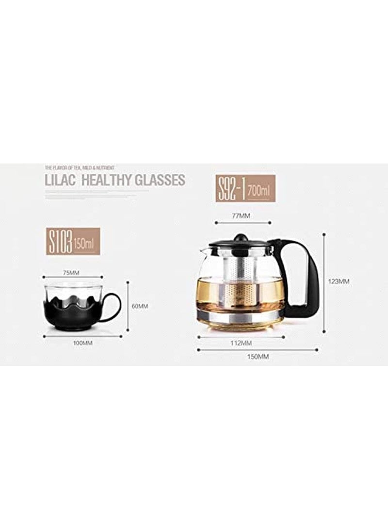 Generic Glass Teapot Set with Stainless Steel Infuser & 4 Cups – Heat-Resistant Kettle with Comfortable Handle, Removable Fine Mesh Filter – For Loose Leaf Tea, Herbal & Black Tea – Clear/Black – 5-Piece Set - Image 3