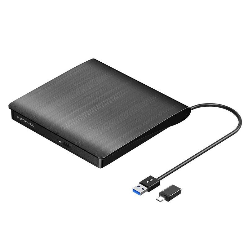 ROOFULL External CD DVD Drive for Laptop, USB 3.0 Type-C Portable CD/DVD Player Burner Reader Writer Adapter for Windows 11/10 Computer Mac MacBook Linux PC - Image 1