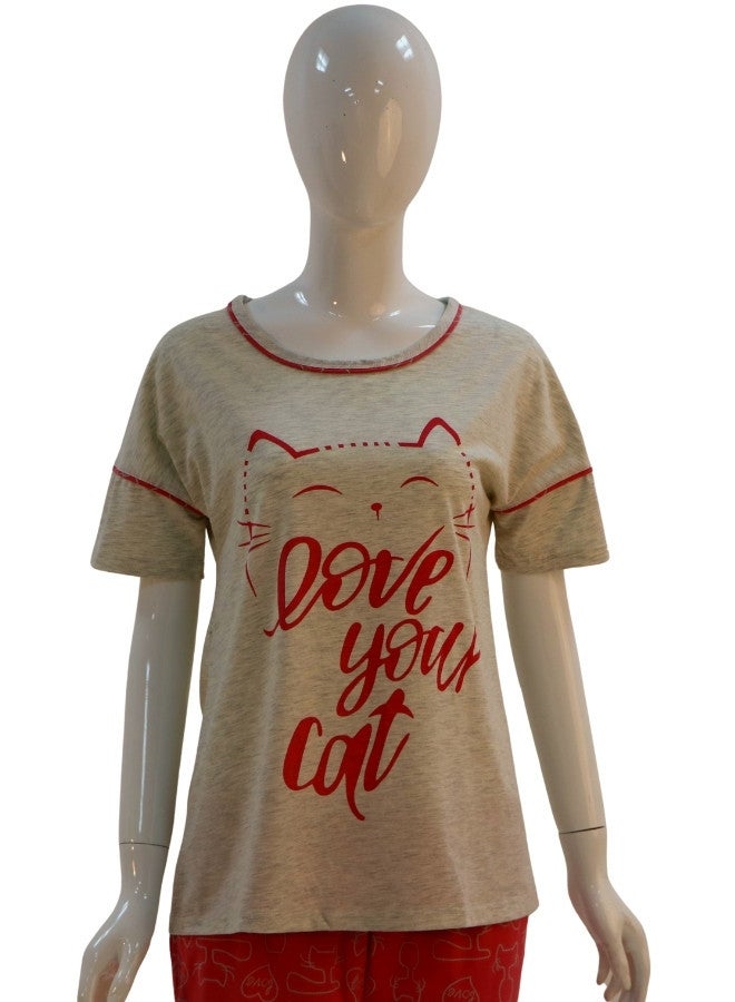 JOANNA JOANNA Women's Love Your Cat Print Short Sleeve Shirt & Long Pants Pajama Set, Grey/Red - Image 2