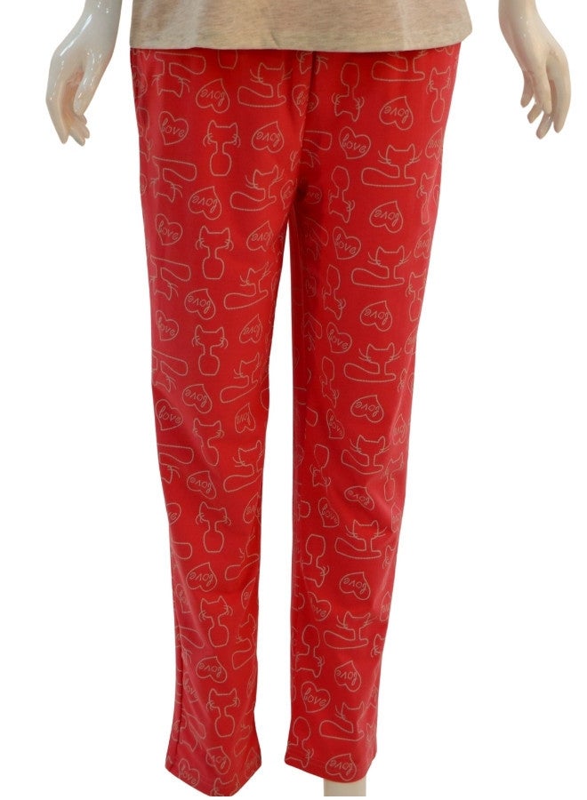 JOANNA JOANNA Women's Love Your Cat Print Short Sleeve Shirt & Long Pants Pajama Set, Grey/Red - Image 3