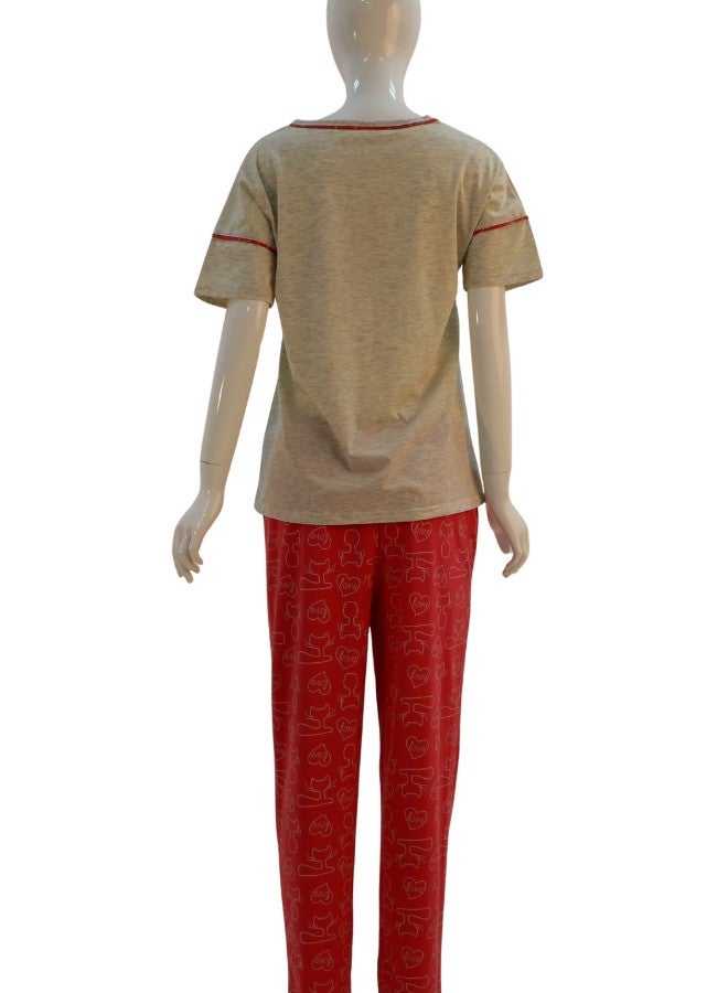JOANNA JOANNA Women's Love Your Cat Print Short Sleeve Shirt & Long Pants Pajama Set, Grey/Red - Image 5