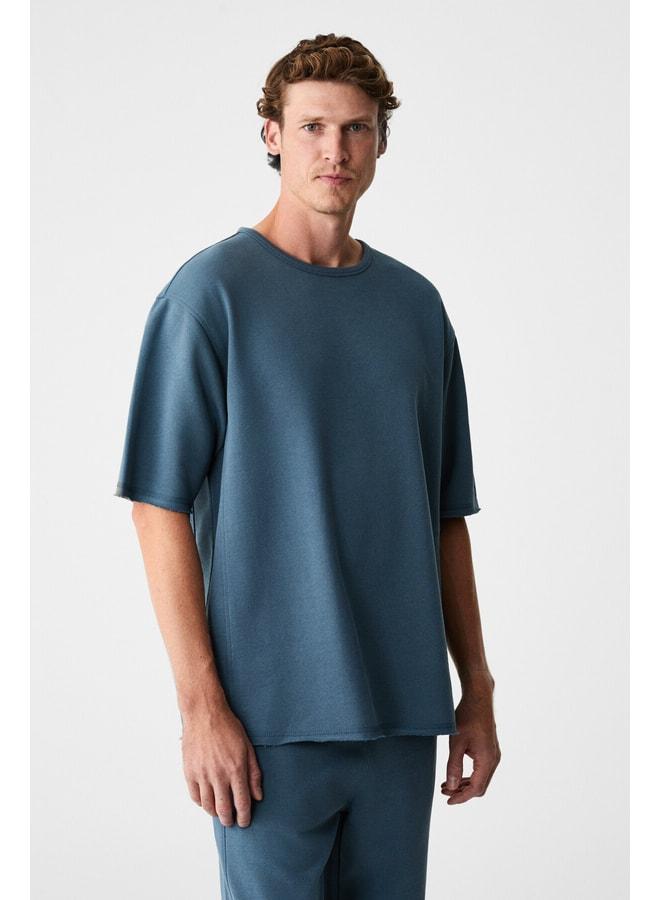 GRIMELANGE EASY Men's Cotton Crew Neck Waist Elastic Cord Double Pocket Regular Petrol Blue Top-Bottom Set. - Image 3