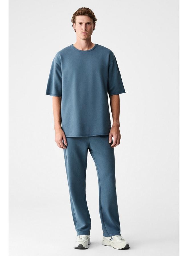 GRIMELANGE EASY Men's Cotton Crew Neck Waist Elastic Cord Double Pocket Regular Petrol Blue Top-Bottom Set. - Image 1
