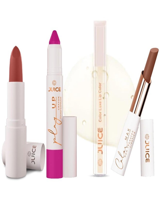 Juice Long Lasting, 4pc Lipstick Combo Set For Women(Balmy Brown-M19 Bullet Lipstick, Endless Petal-MCR07 Play up Lip Crayon, Gloss Kiss-G01 Liquid Lipstick, Brew-tiful-M19 Slim Stick) - Image 1