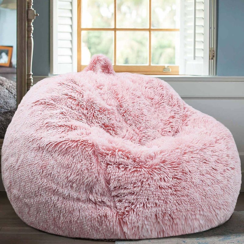 Kisoy Fluffy Stuffed Animal Storage Bean Bag Chair Cover (No Filler), Faux Fur Comfy Bean Bag Cover for Organizing Plush Toys or Textile, for Adults Teens Kids Girls,Dusty Pink - Image 1