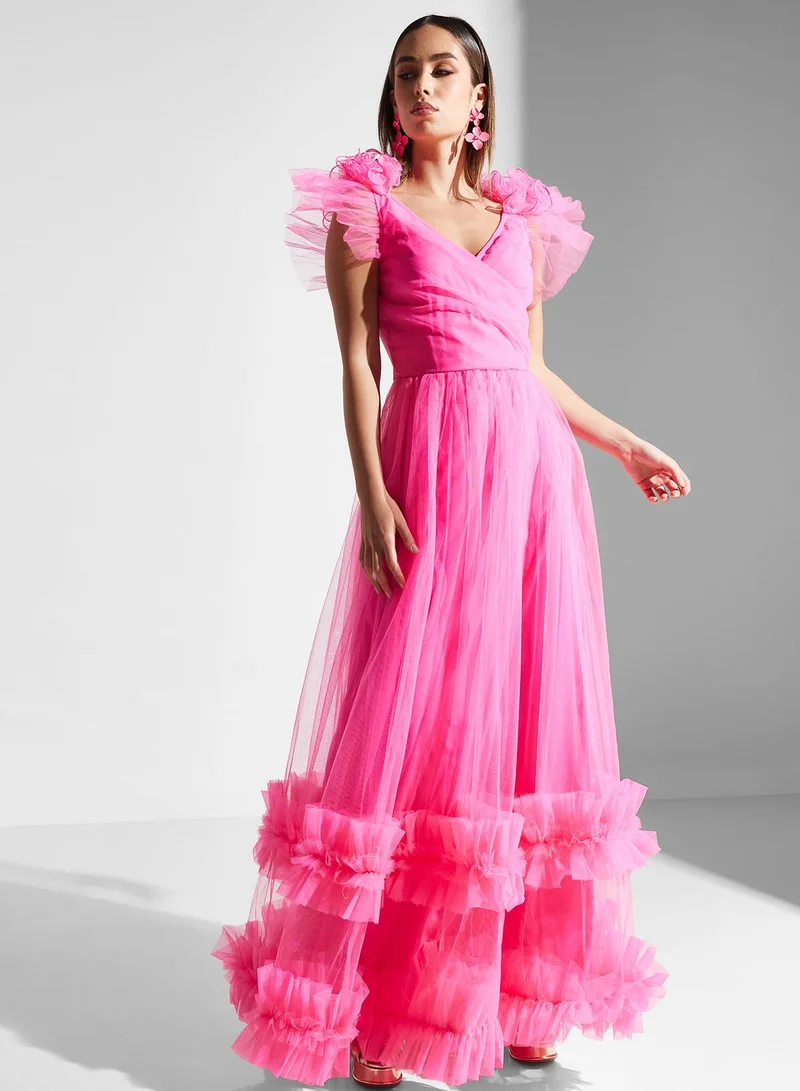 Lace and Beads Surplice Neck Ruffle Detail Dress