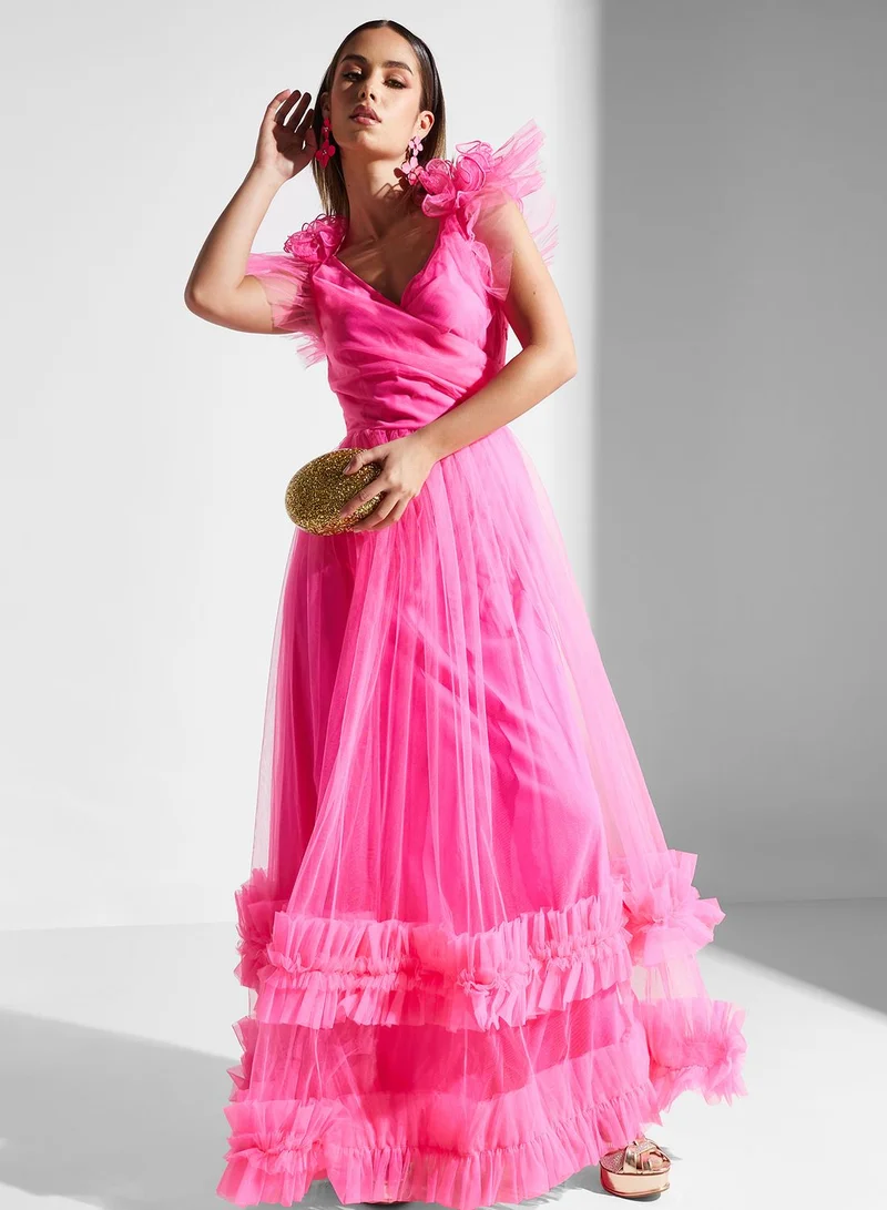 Lace and Beads Surplice Neck Ruffle Detail Dress