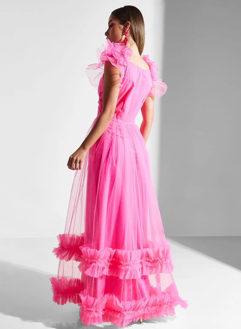 Lace and Beads Surplice Neck Ruffle Detail Dress