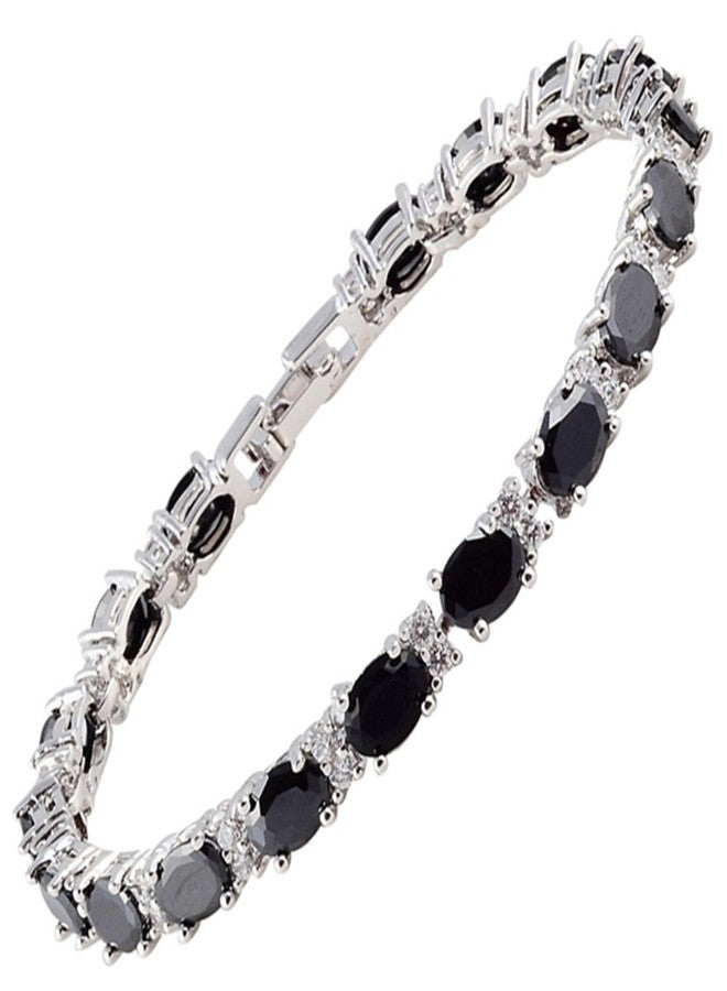 RIZILIA Oval Cut Simulated Black Onyx and White Cubic Zirconia 18K White gold Plated Tennis Bracelet, 7" - Image 1