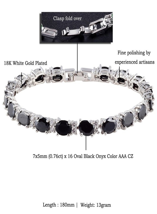 RIZILIA Oval Cut Simulated Black Onyx and White Cubic Zirconia 18K White gold Plated Tennis Bracelet, 7" - Image 2