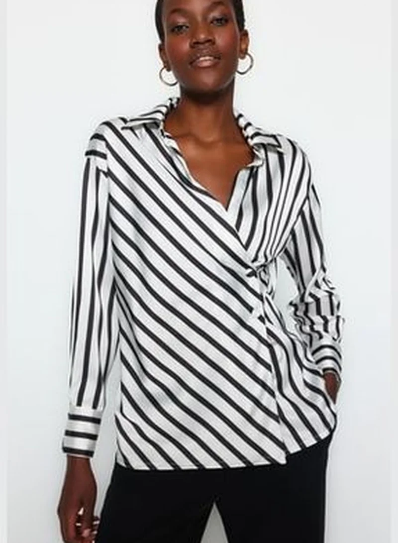 trendyol Black Striped Double Breasted Satin Woven Shirt TWOAW24GO00093