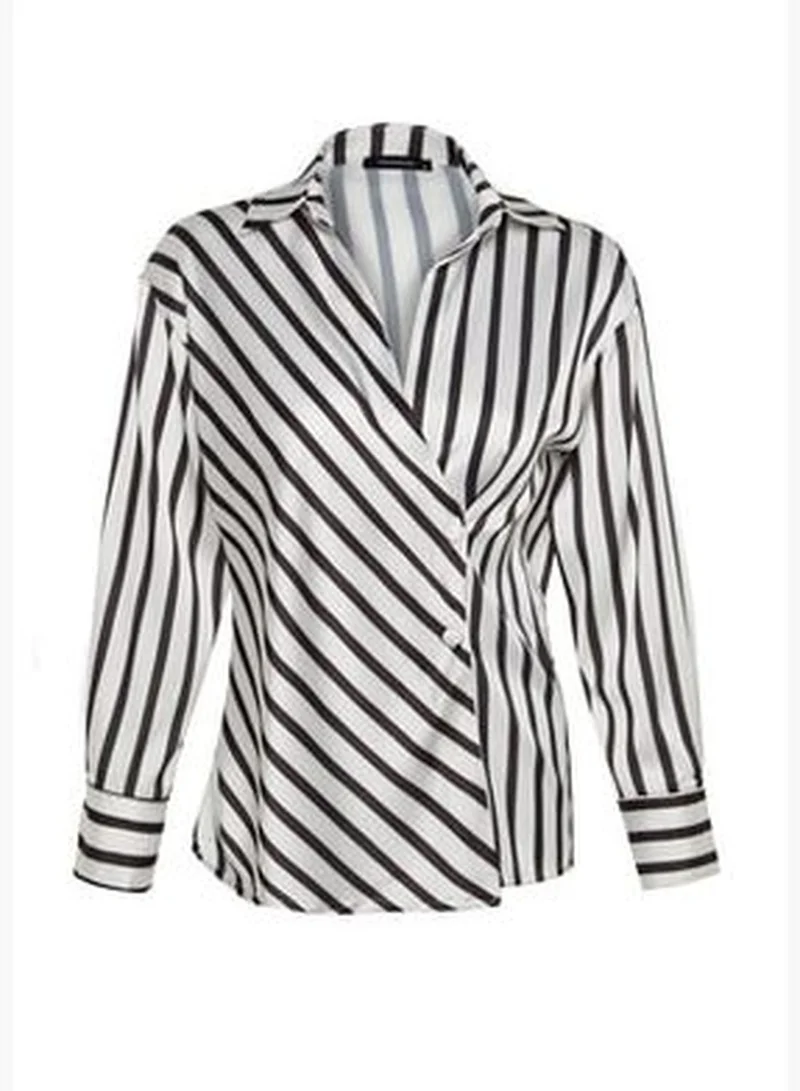 trendyol Black Striped Double Breasted Satin Woven Shirt TWOAW24GO00093