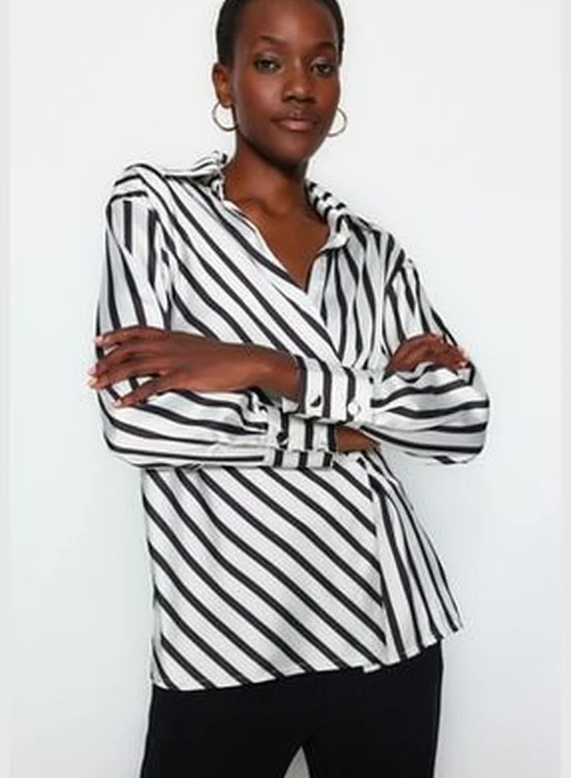 trendyol Black Striped Double Breasted Satin Woven Shirt TWOAW24GO00093