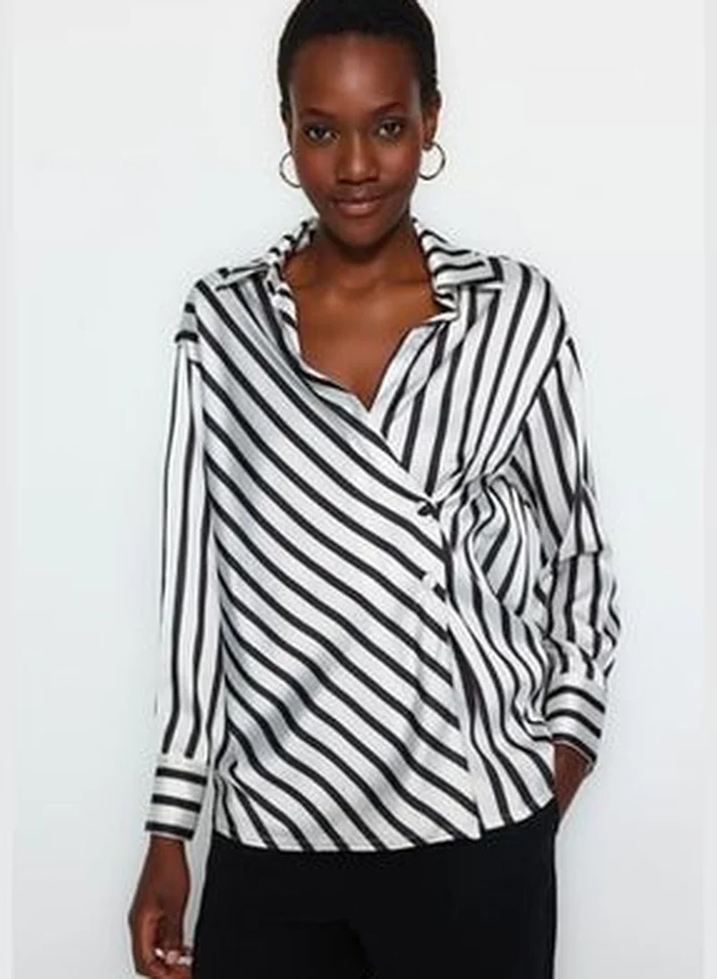 trendyol Black Striped Double Breasted Satin Woven Shirt TWOAW24GO00093