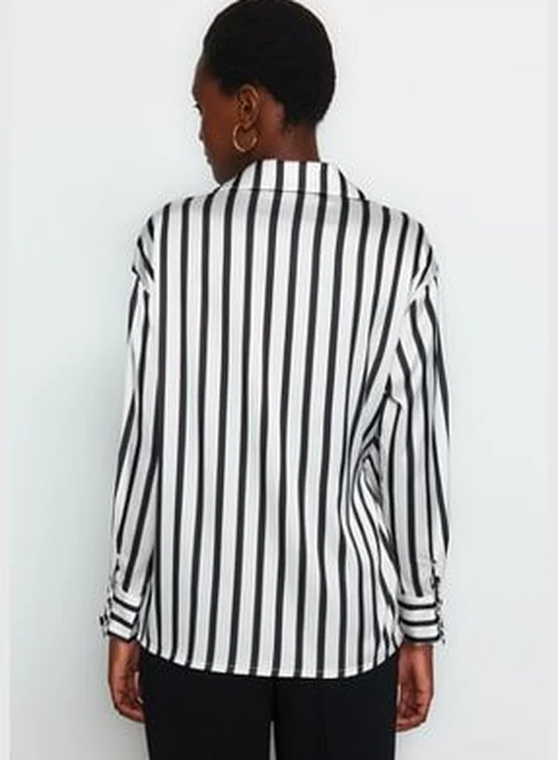 trendyol Black Striped Double Breasted Satin Woven Shirt TWOAW24GO00093