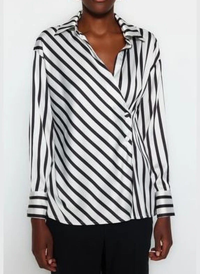 trendyol Black Striped Double Breasted Satin Woven Shirt TWOAW24GO00093