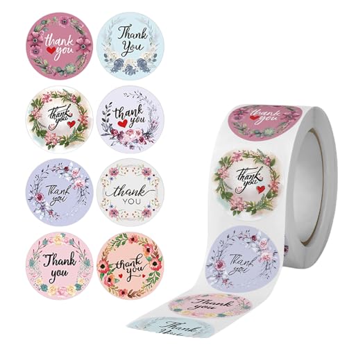 Fapiwen Paper Thank You Stickers - 500pcs Round Floral Tags,Glass Self-Adhesive & Waterproof With Beautiful Design,Cute for Giveaways,Envelope Seals,Party Gift Wrap Bag,Baking Packaging,25 x 25 mm - Image 1
