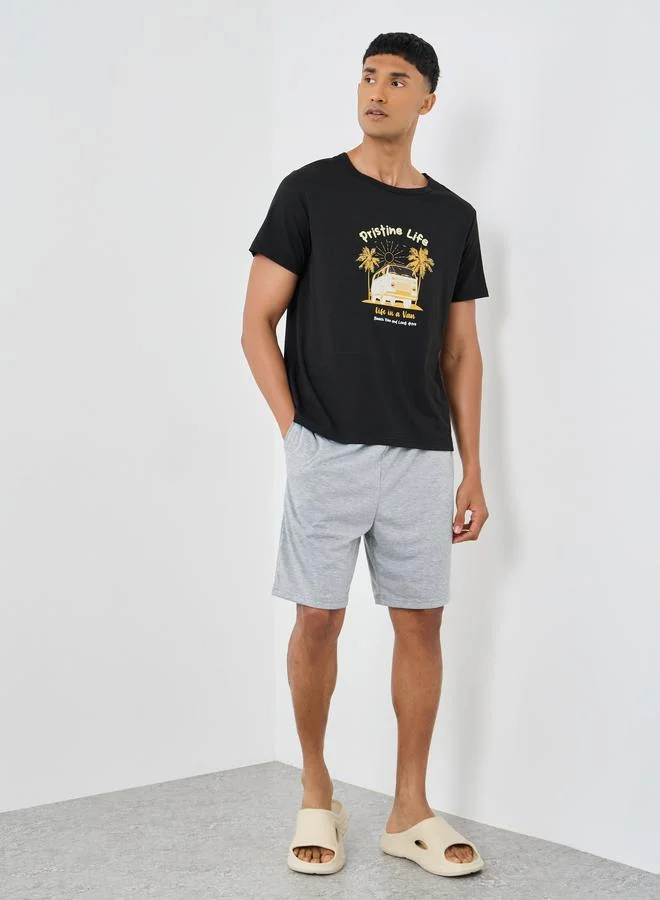 Styli Styli Black Graphic Printed T-Shirt and Shorts Set