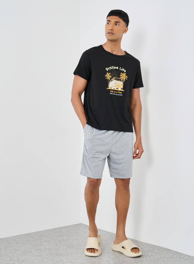 Styli Black Graphic Printed T-Shirt and Shorts Set - Image 1