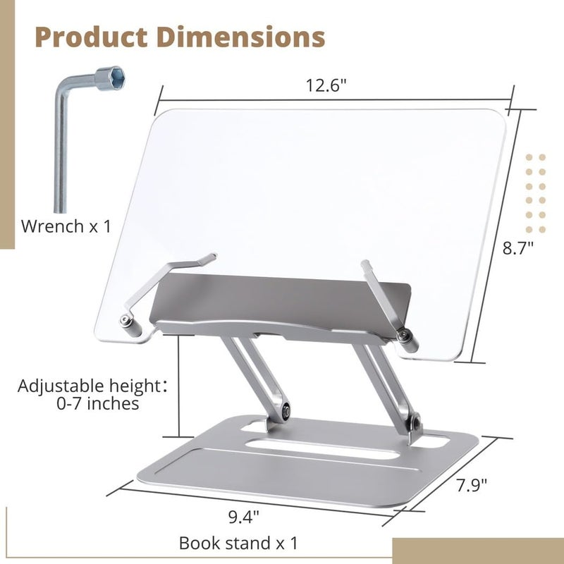 Foldable u0026 Portable Laptop Stand for Kitchen, Office, Textbook, Recipe, Magazine, Reading Acrylic Book Stand with Aluminum Material, Adjustable Height Angle, Cookbook Holder - Image 5