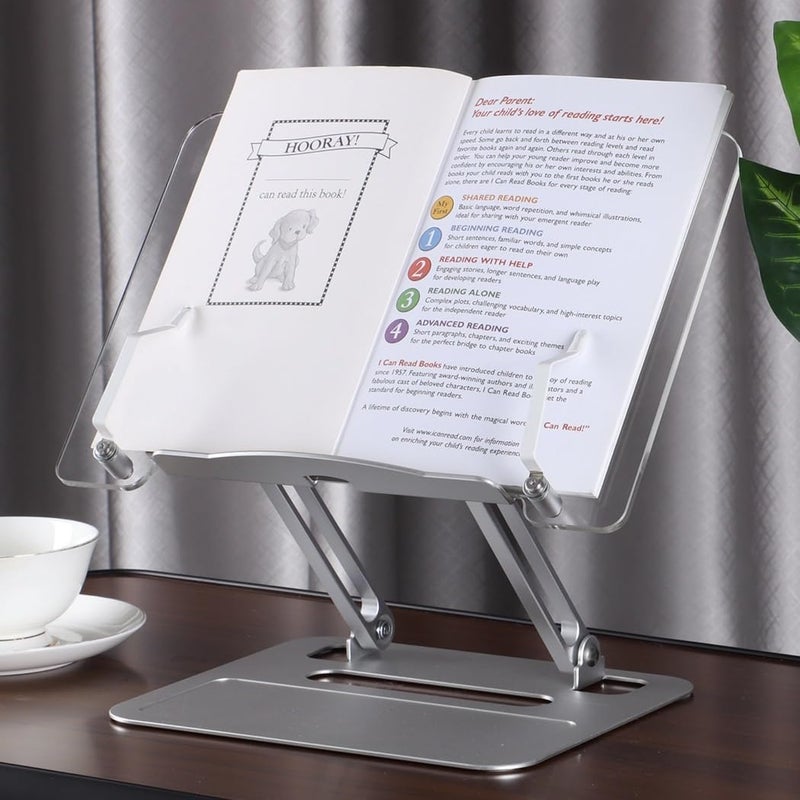 Foldable u0026 Portable Laptop Stand for Kitchen, Office, Textbook, Recipe, Magazine, Reading Acrylic Book Stand with Aluminum Material, Adjustable Height Angle, Cookbook Holder - Image 1