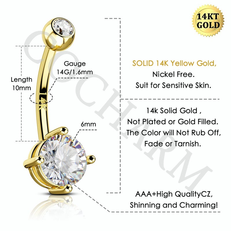 COCHARM 14K Solid Gold Belly Button Rings for Women Yellow Gold Belly Rings 14k Gold Cute Clear CZ Belly Navel Piercing Jewelry - Image 2
