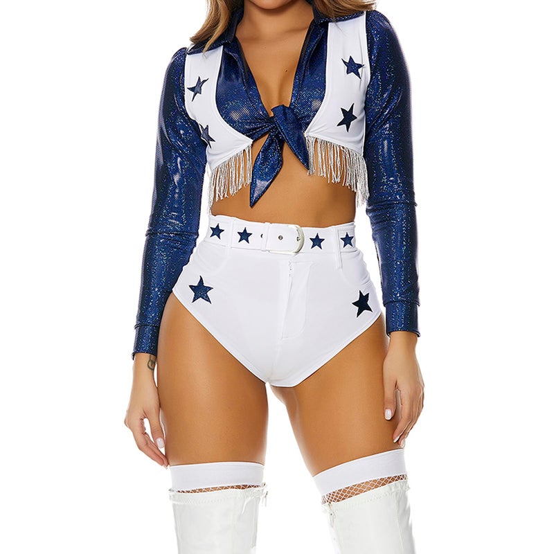 Forplay Womens Star Cheerleader Costume 4Piece Halloween Outfit with Top Vest Panty and Belt White LXL
