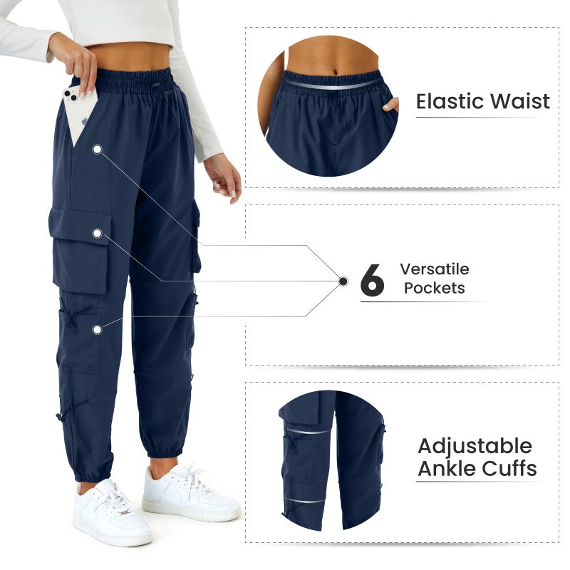 COPYLEAF Womens Parachute Cargo Pants with Pockets Quick Dry Hiking Pants Lightweight Water-Resistant Baggy Joggers(Navy Blue L) - Image 5