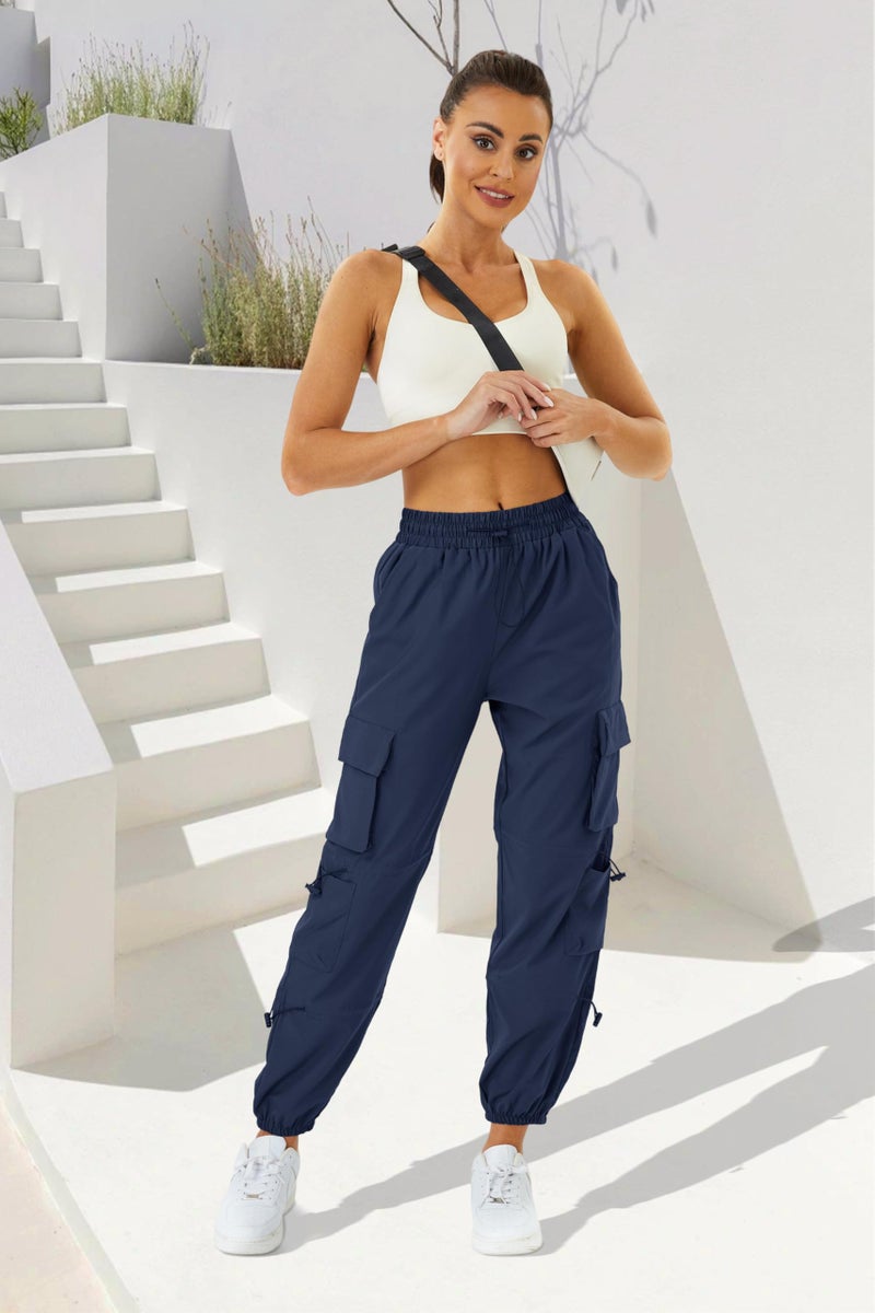COPYLEAF Womens Parachute Cargo Pants with Pockets Quick Dry Hiking Pants Lightweight Water-Resistant Baggy Joggers(Navy Blue L) - Image 3