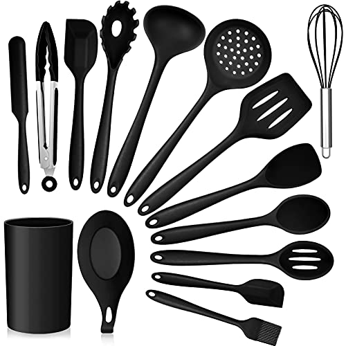 Kitchen Utensils Set Efar 15Piece Silicone Cooking Utensils with Holder Nonstick Cookware Friendly  Heat Resistant Includes Ladle Spatula Spoon Slotted Turner for Cooking  Baking Black