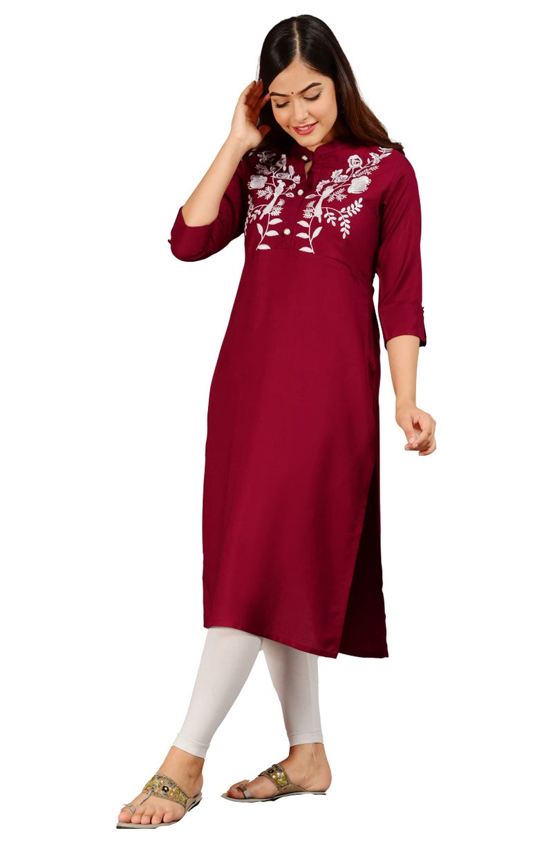 NEW4U Women's Regular Fit Rayon Straight Buttoned Kurta | Designer Printed Kurti/Casual Dailywear for Girls & Women (Maroon) - Image 3